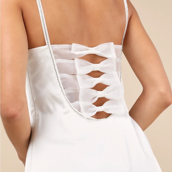 Glowing Intuition White Satin Rhinestone Bow Mini Dress - Picture 4 of 4